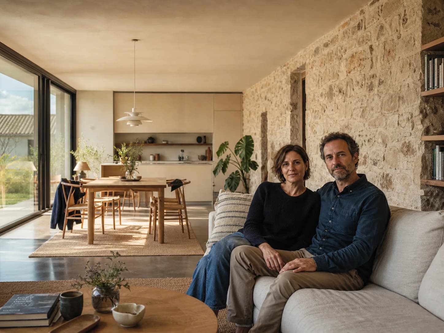 Marta y Joan sentados en la sala de estar de su vivienda en Bordils.