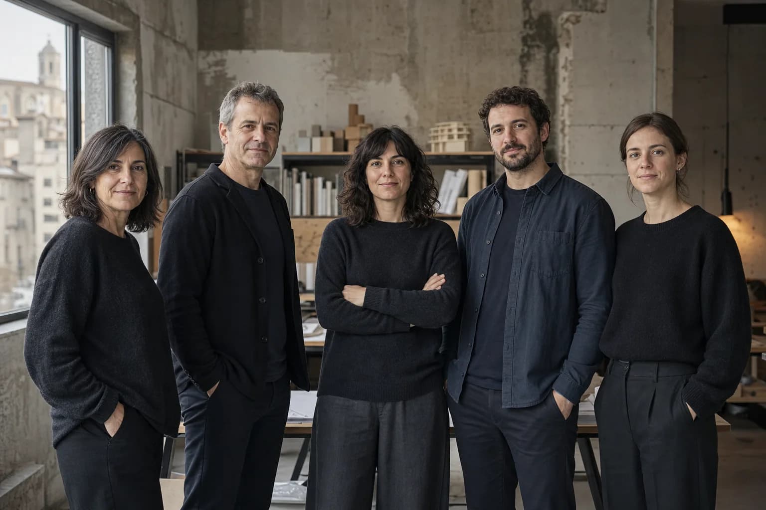 Los cinco responsables de proyecto de Cota Studio en el espacio de trabajo del estudio.
