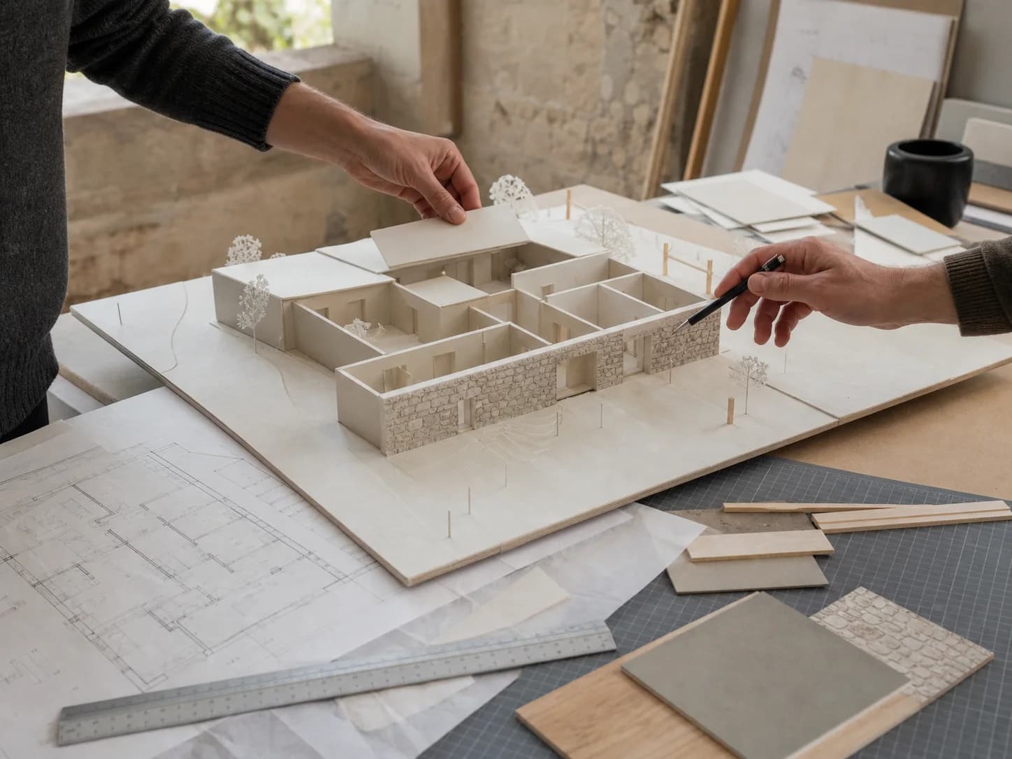 Dos arquitectos revisando una maqueta de trabajo desmontable sobre planos y muestras de material.