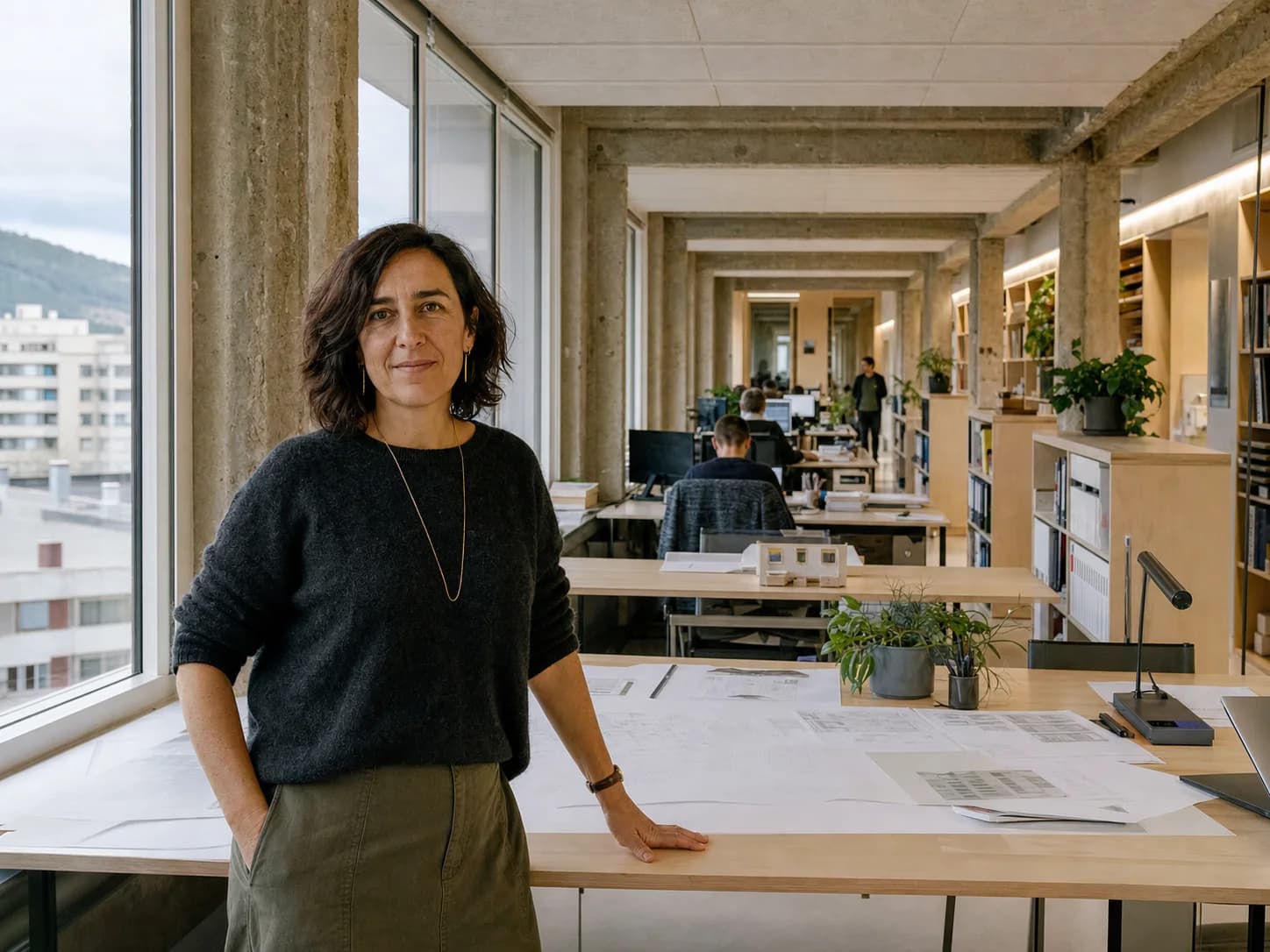 La representante de la propiedad en una planta de oficinas ocupada, entre la estructura de hormigón conservada.