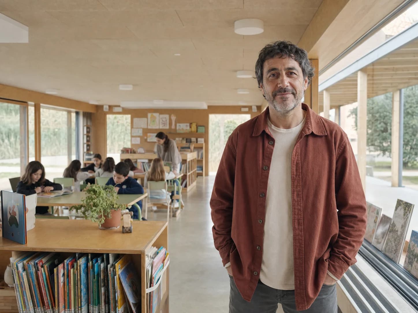 El director del centro en la biblioteca, con alumnado trabajando y el porche visible al fondo.